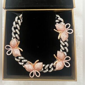 Iced butterfly Cuban chain choker necklace silver & pink